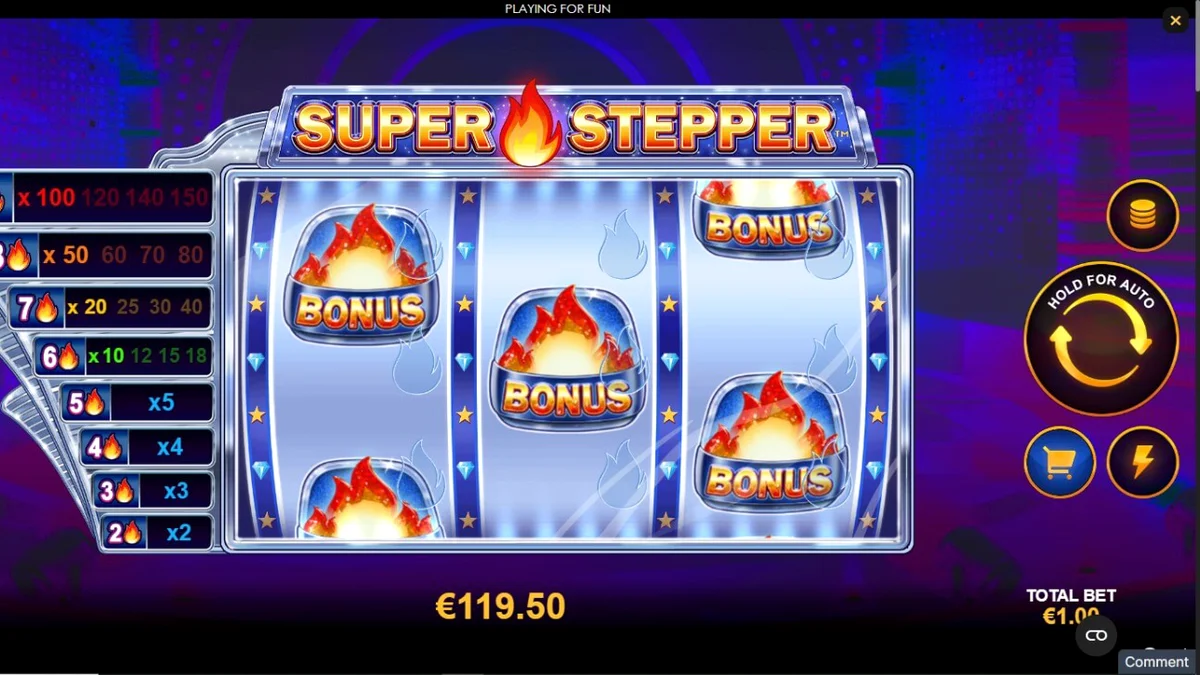 Tampilan neon futuristik dari slot Super Stepper dengan latar belakang ungu gelap.