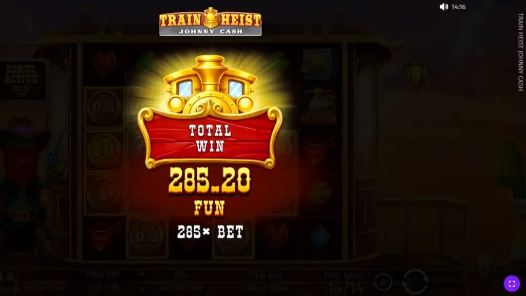 Tampilan visual slot Train Heist Johnny Cash dengan latar belakang padang pasir Wild West